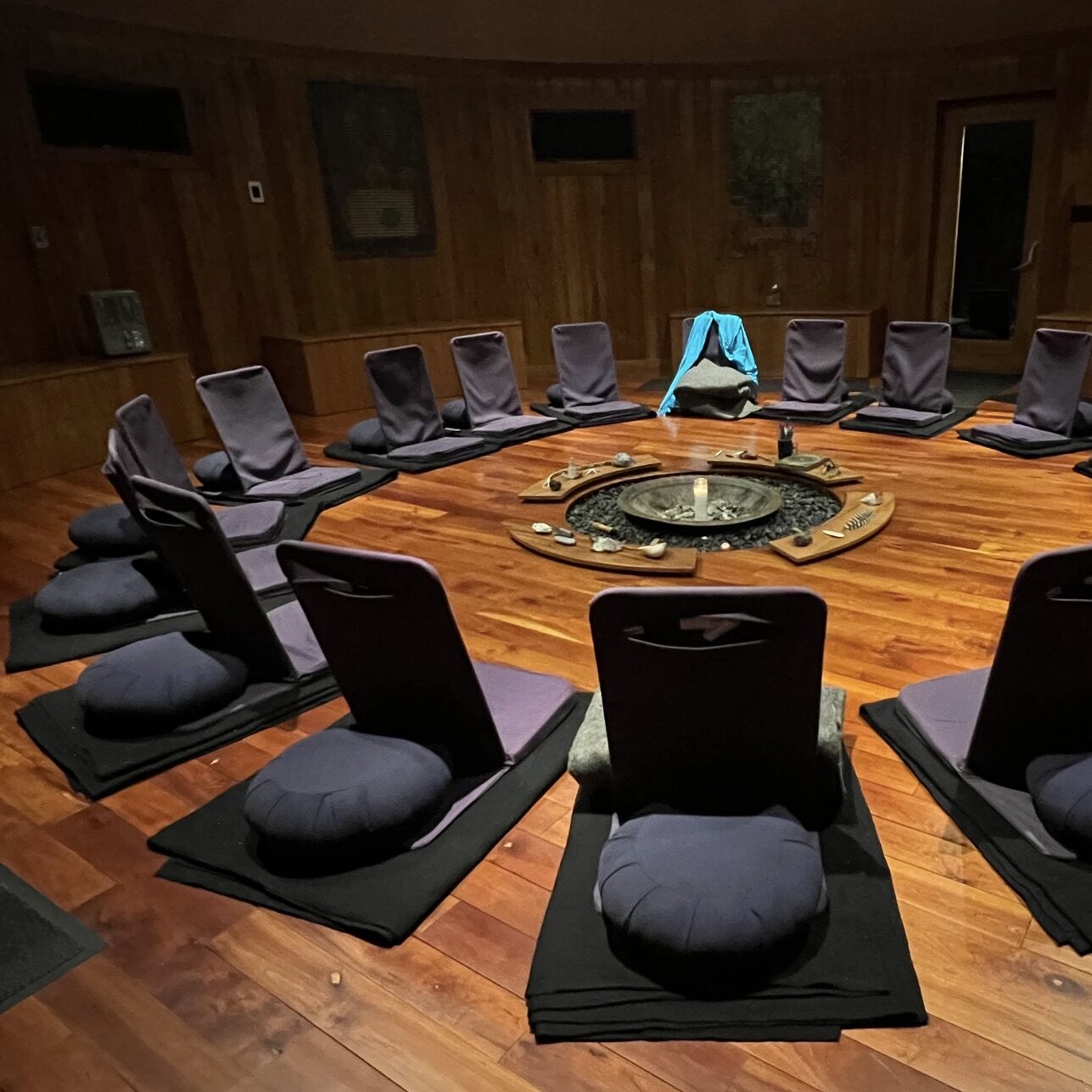 Serpent Mound at Hope Springs meditation room circle of purple seats